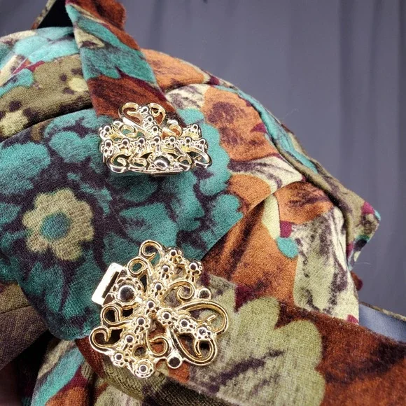 Vintage Floral Velvet Midi Dress 8 Long Sleeve Pleated Gold Buckle Lined70s - Picture 4 of 12